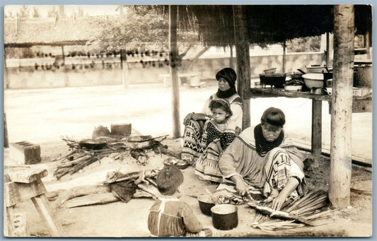 AMERICAN INDIAN FAMILY PREPARING FISH VINTAGE REAL PHOTO POSTCARD RPPC