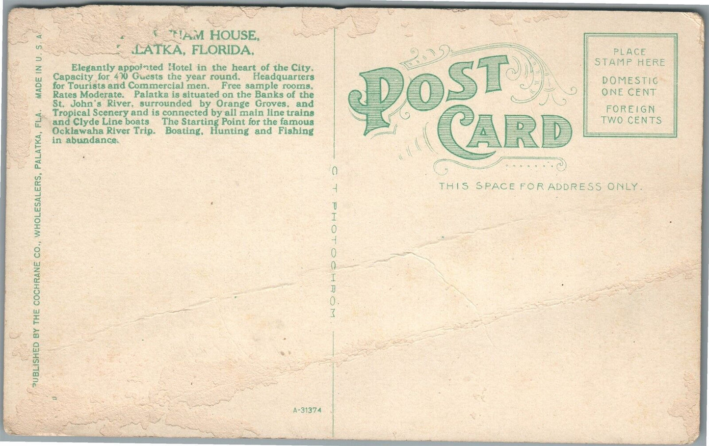 PALATKA FL PUTNAM HOUSE ANTIQUE POSTCARD