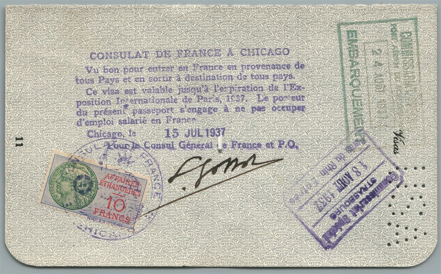 PASSPORT PAGE w/ OFFICIAL STAMPS AUSTRIA CONSULATE of FRANCE in USA VINTAGE 1937