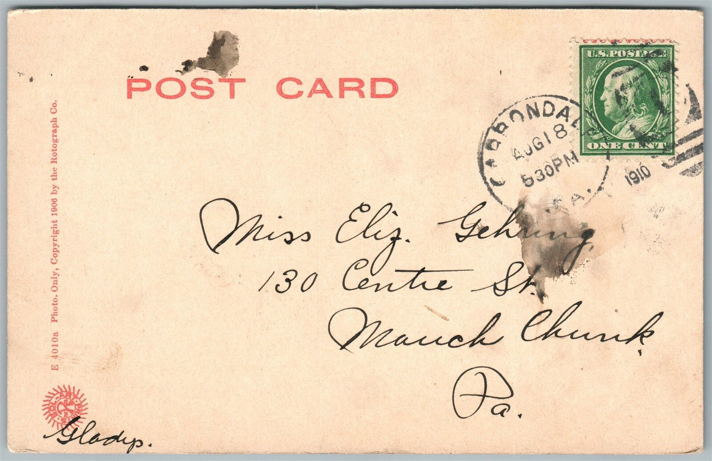 CARBONDALE PA RACKET BROOK FALLS 1910 UNDIVIDED ANTIQUE POSTCARD w/ CORK CANCEL