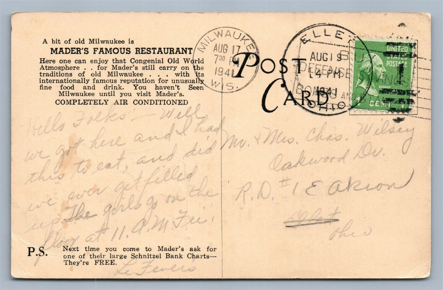 MILWAUKEE WI MADER'S RESTAURANT ADVERTISING 1941 VINTAGE POSTCARD