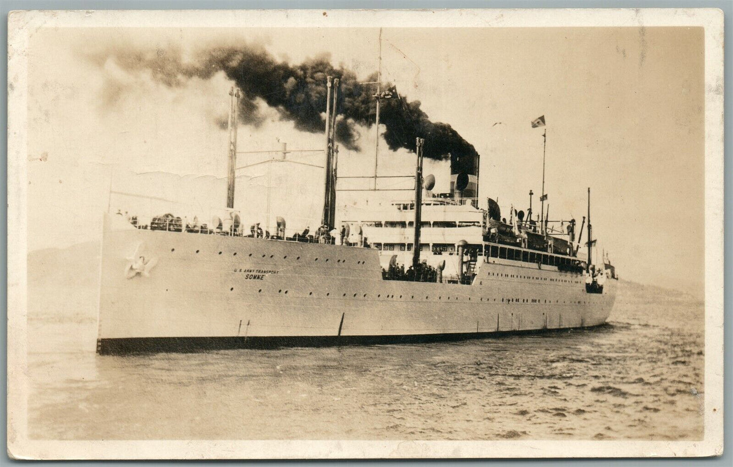 MILITARY SHIP US ARMY TRANSPORT SOMKE ANTIQUE REAL PHOTO POSTCARD RPPC