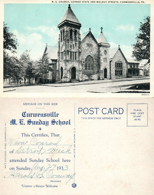 CURWENSVILLE PA STATE & WALNUT STREETS M.E. CHURCH ANTIQUE POSTCARD