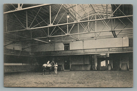 NEWARK NJ DOG on HORSE ANTIQUE POSTCARD ring at first troop Armory