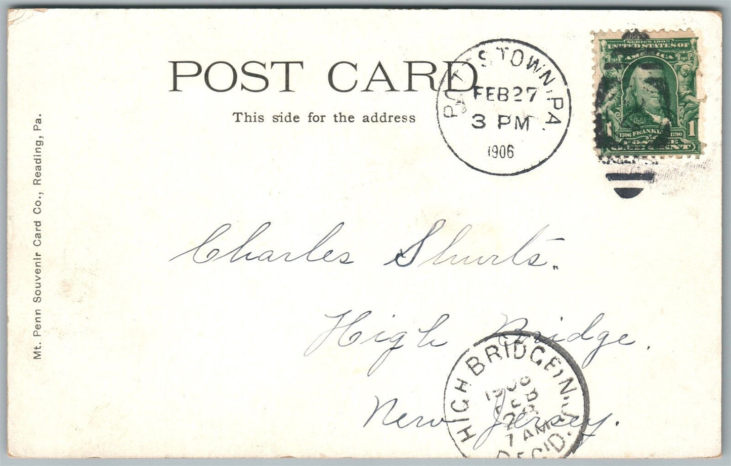 READING PA BOULEVARD ENTRANCE CITY PARK UNDIVIDED 1906 ANTIQUE POSTCARD