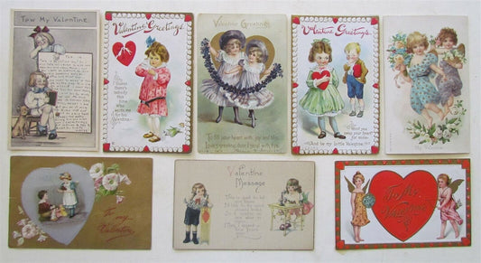 LOT of 8 VALENTINE EMBOSSED ANTIQUE POSTCARDS w/ BOYS & GIRLS