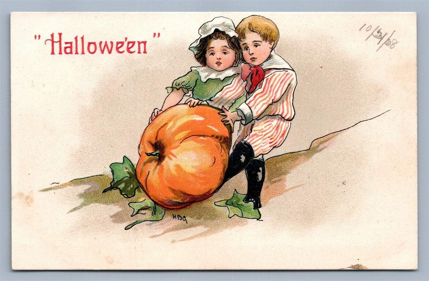 HALLOWEEN ANTIQUE EMBOSSED POSTCARD SIGNED H.B.G., SERIES 2214