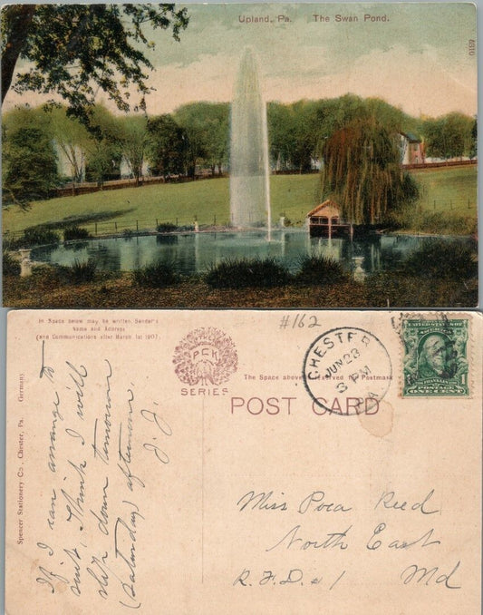 ANTIQUE POSTCARD THE SWAN POND UPLAND PA