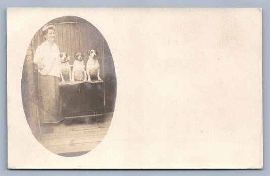 LADY w/ THREE HOUND DOGS ANTIQUE REAL PHOTO POSTCARD RPPC