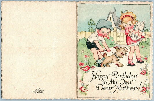 DOGS w/ KIDS HAPPY BIRTHDAY VINTAGE POSTCARD