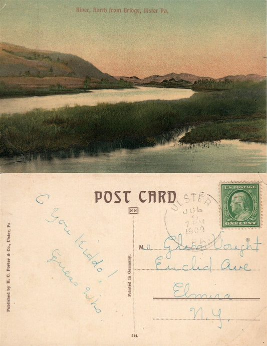 ULSTER PA RIVER NORTH FROM BRIDGE 1909 ANTIQUE POSTCARD