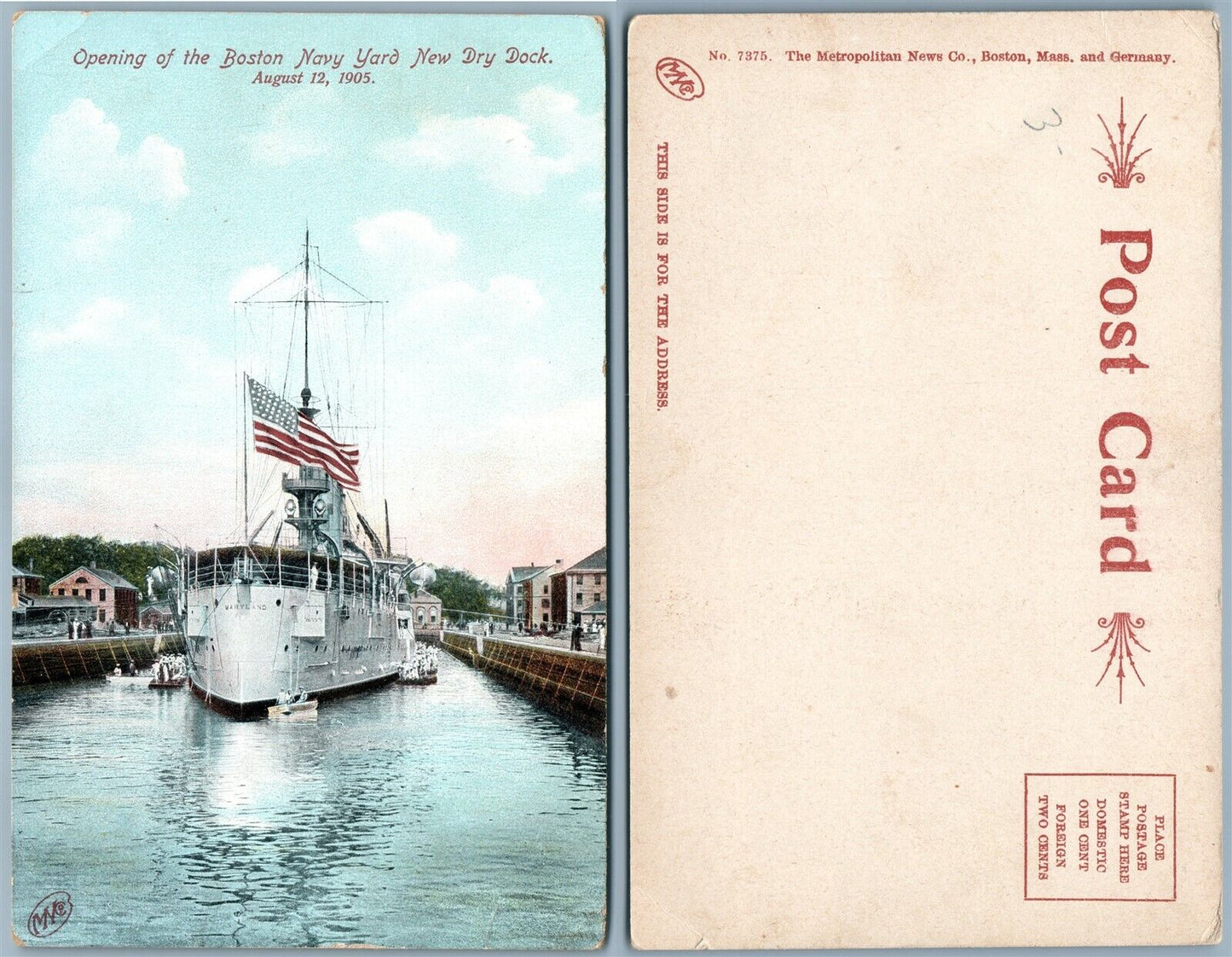 BOSTON NAVY YARD NEW DRY DOCK 1905 ANTIQUE UNDIVIDED POSTCARD American flag
