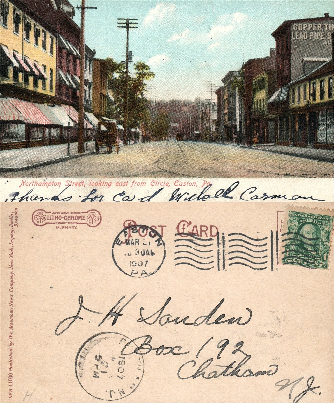 EASTON PA NORTHAMPTON STREET UNDIVIDED 1907 ANTIQUE POSTCARD