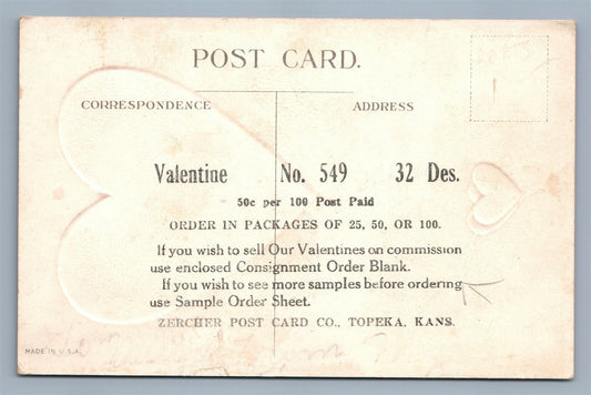 ZERCHER POST CARD CO ADVERTISING TOPEKA KS VALENTINE EMBOSSED ANTIQUE POSTCARD