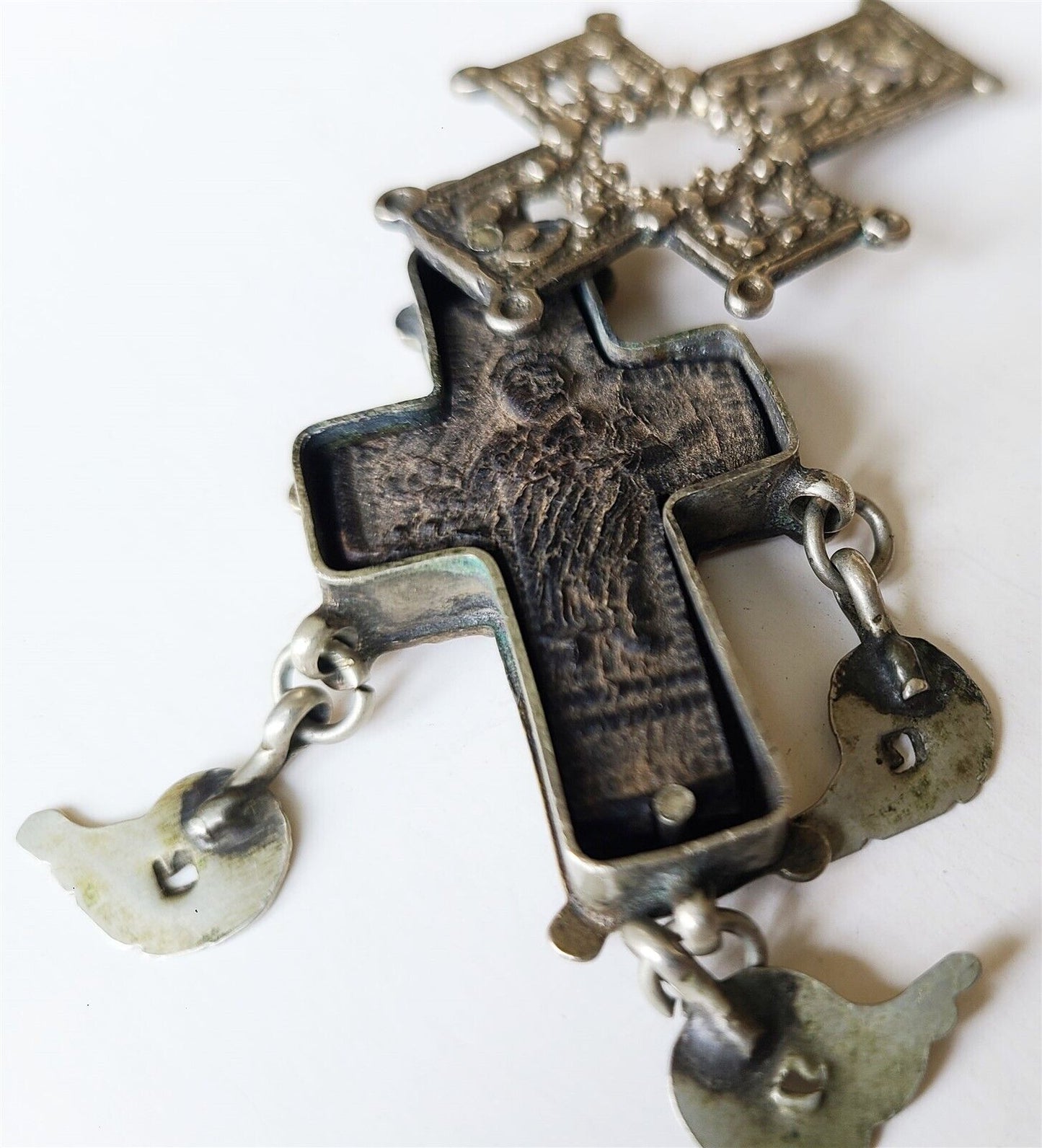 18th CENTURY GREEK ORTHODOX SILVER NECK CROSS antique icon w/ WOODEN INSERT rare