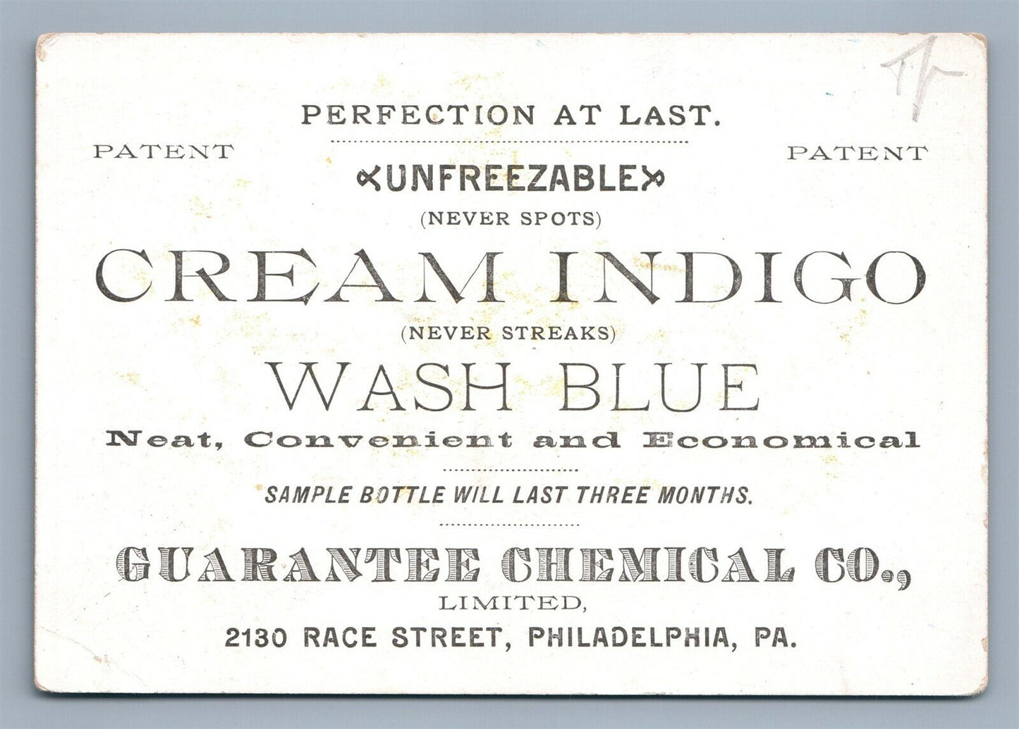 PHILADELPHIA PA CREAM INDIGO GUARANTEE CHEMICAL CO. VICTORIAN TRADE CARD