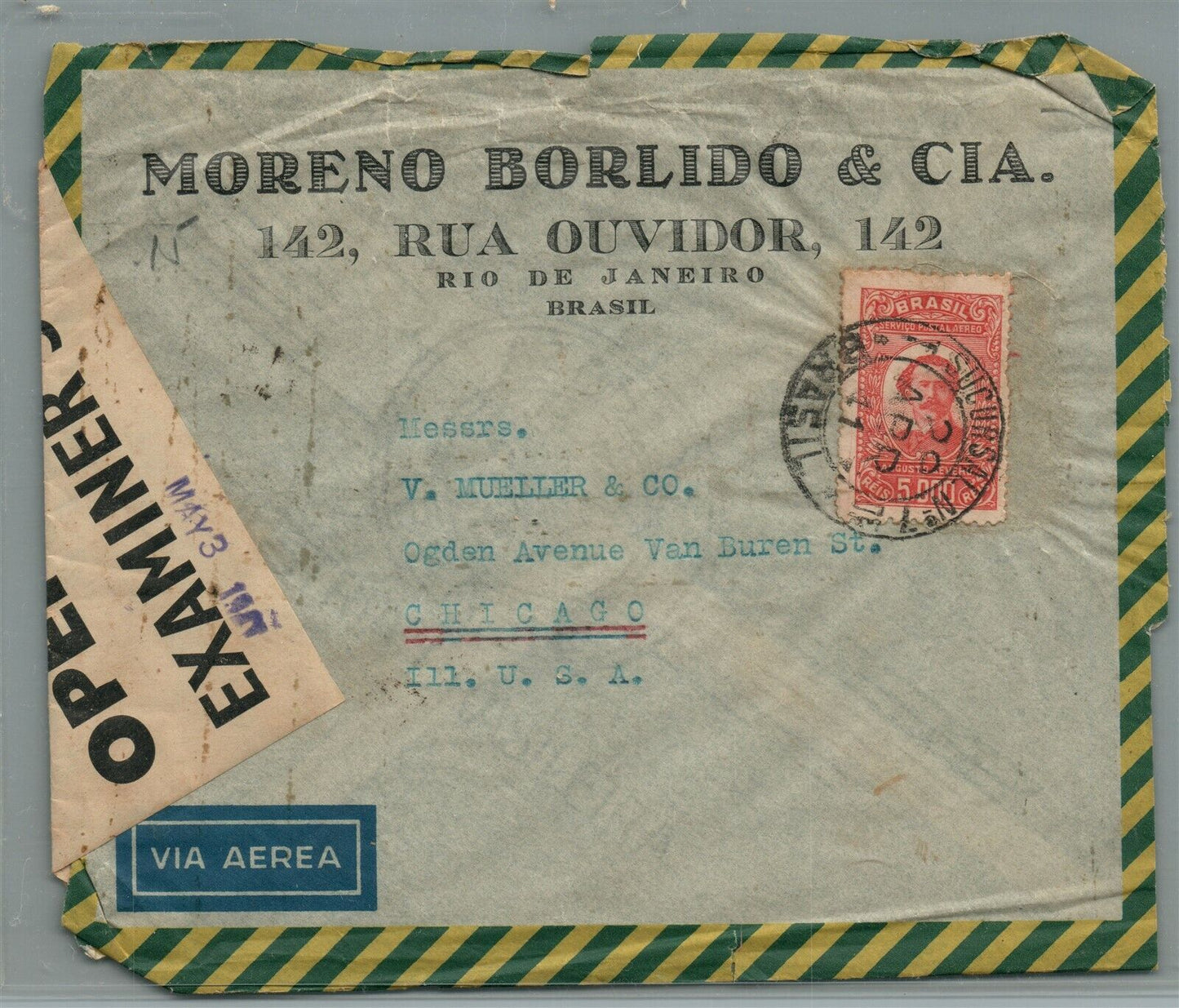 BRAZIL to XCHICAGO USA 1941 WWII VINTAGE COVER w/ STAMP & EXAMINER CANCEL