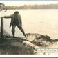 FISHING EXAGGERATED 1911 ANTIQUE REAL PHOTO POSTCARD RPPC w/ CORK STAMP