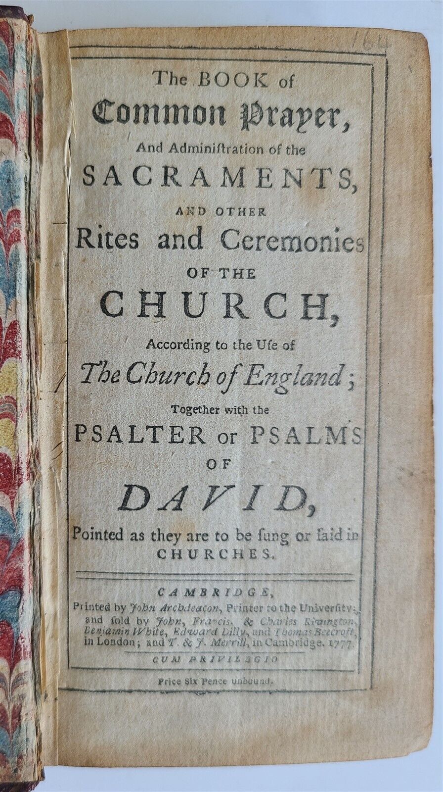 1777 BOOK OF COMMON PRAYER & PSALTER ENGLISH ANTIQUE Cambridge ORIGINAL MOROCCO