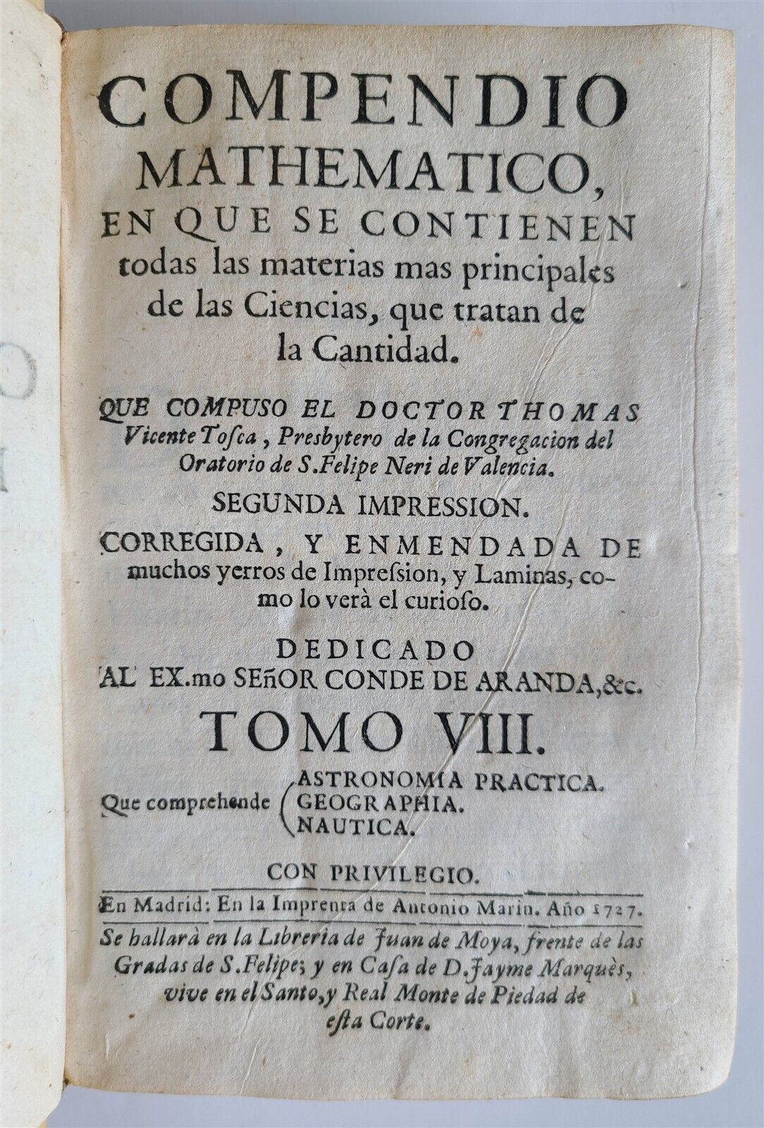 1727 MATHEMATICS in SPANISH Compendio mathematico antique ASTRONOMY GEOGRAPHY