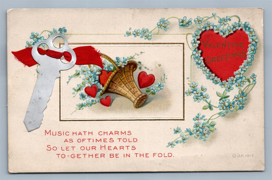 VALENTINE ANTIQUE POSTCARD w/ APPLIQUE FOIL KEY