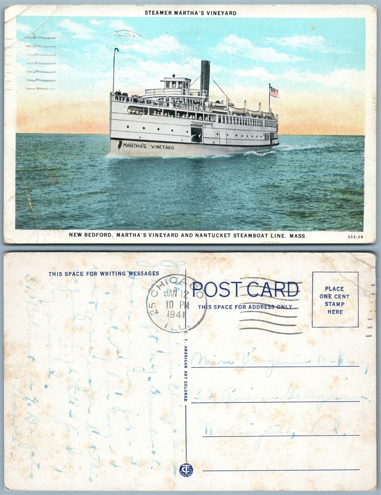 NEW BEDFORD MARTHAS VINEYARD & NANTUCKET STEAMBOAT LINE 1941 VINTAGE POSTCARD