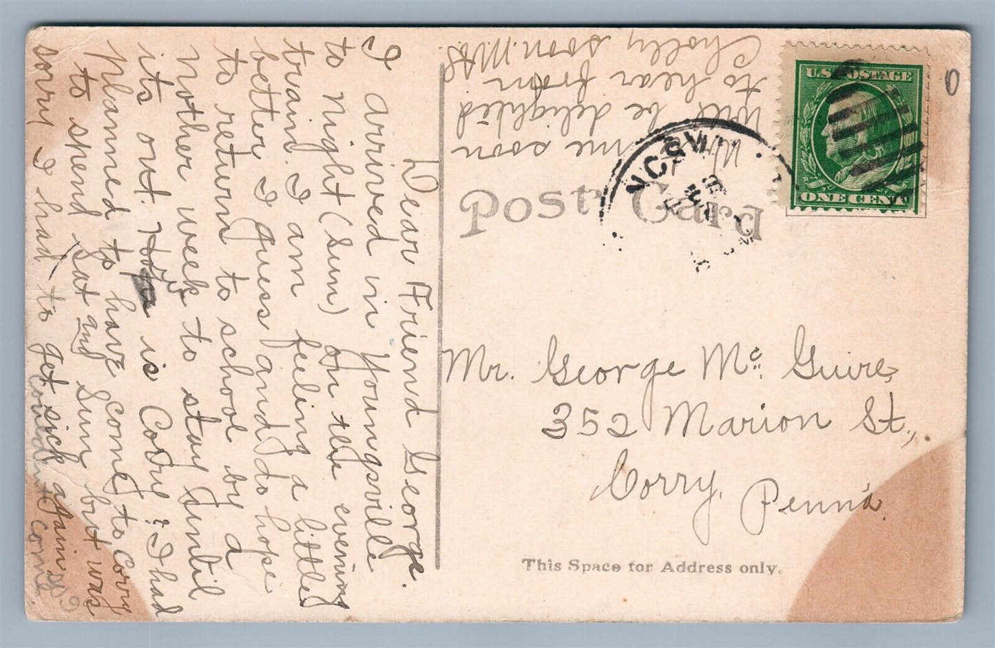 YOUNGSVILLE PA W. MAIN STREET ANTIQUE POSTCARD