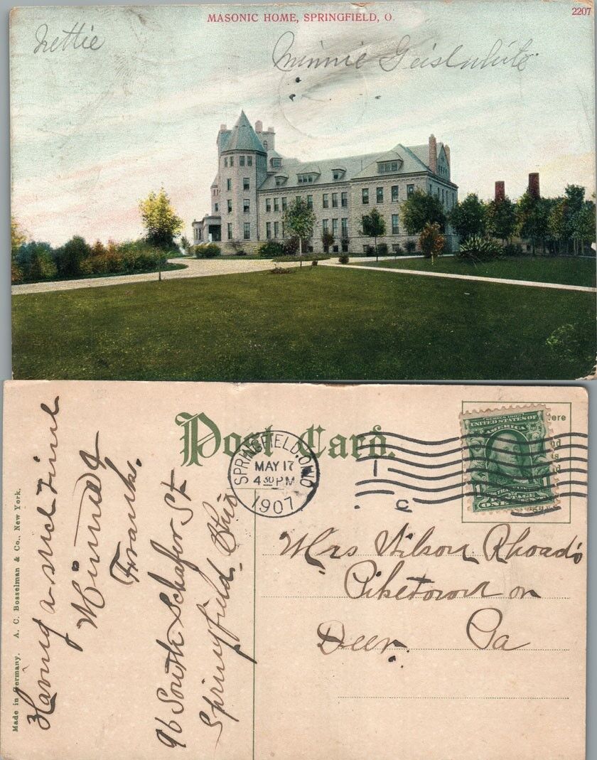 MASONIC HOME SPRINGFIELD OHIO 1907 ANTIQUE POSTCARD