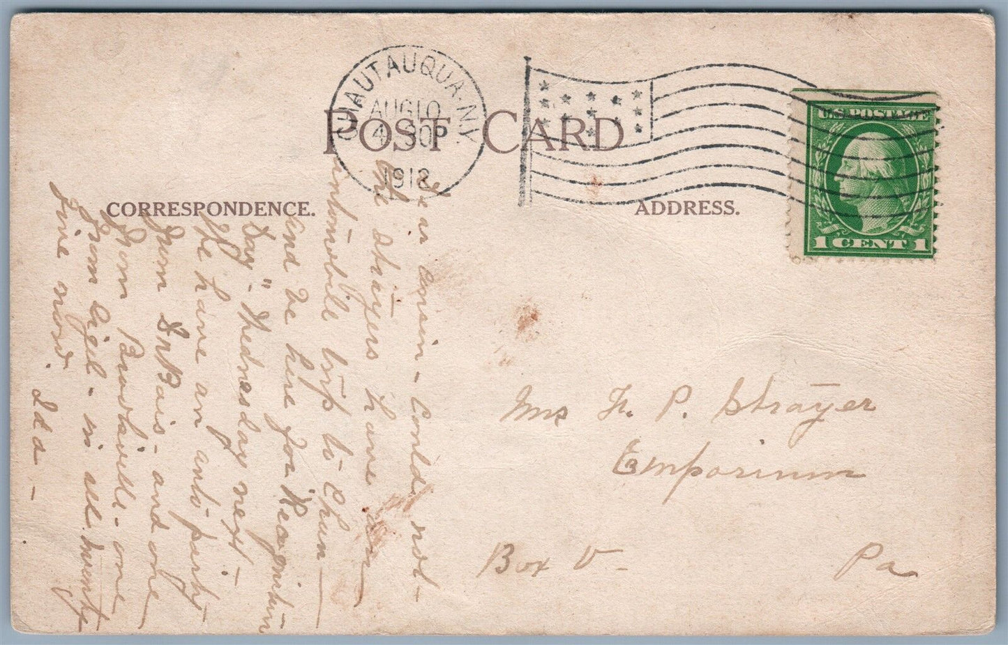 CHAUTAUQUA NY RUSTIC BRIDGE 1912 ANTIQUE POSTCARD