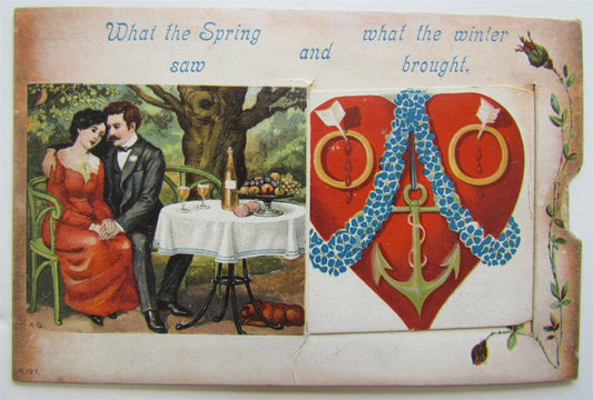 VALENTINE DAY MECHANICAL ANTIQUE POSTCARD - STORK BRINGS BABY