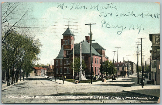 PHILLIPSBURG NJ LOWELL SCHOOL SOUTH MAIN & LITGRAVE STREET 1910 ANTIQUE POSTCARD