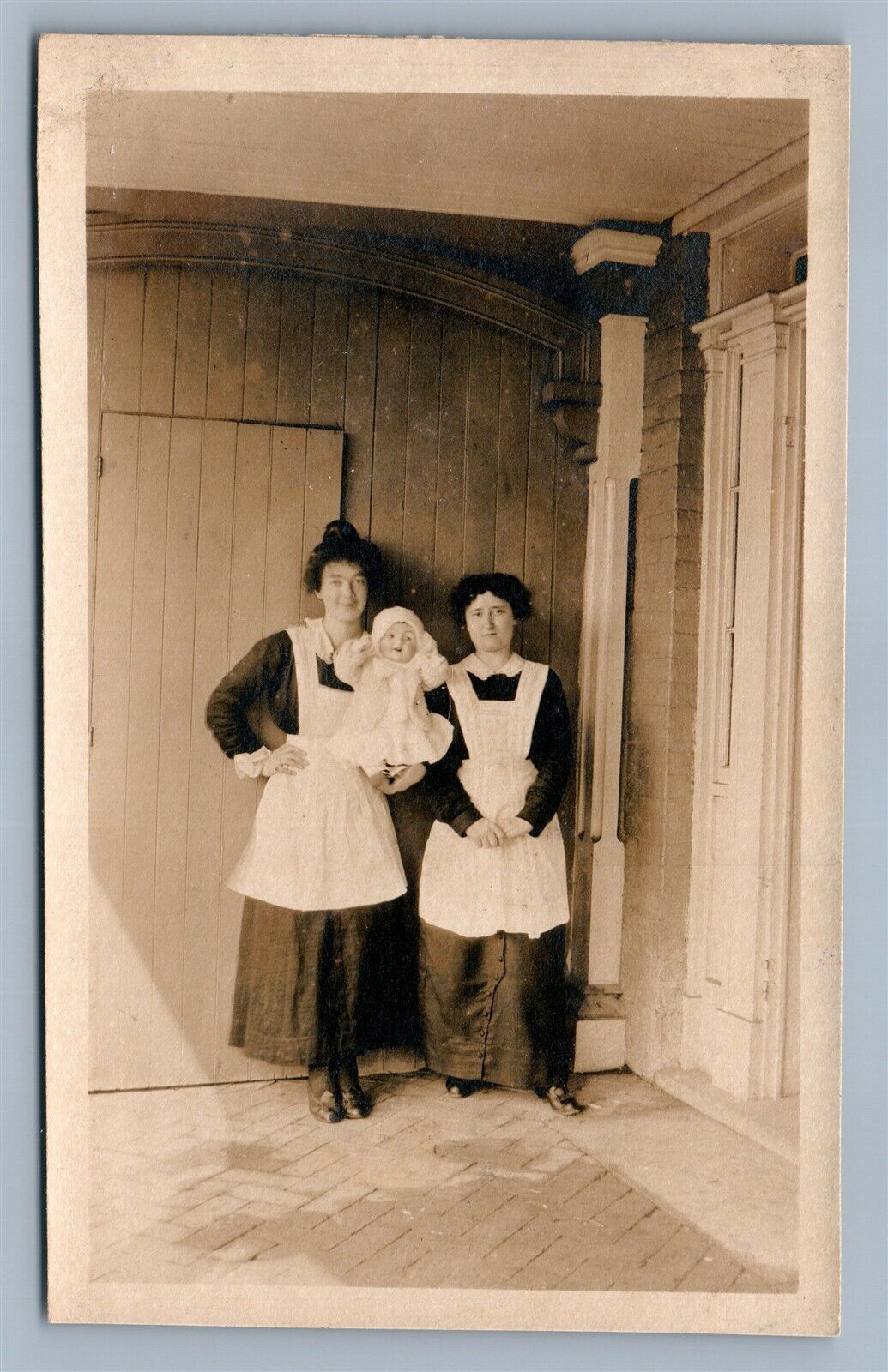 HOUSEKEEPERS w/ LARGE DOLL ANTIQUE REAL PHOTO POSTCARD RPPC