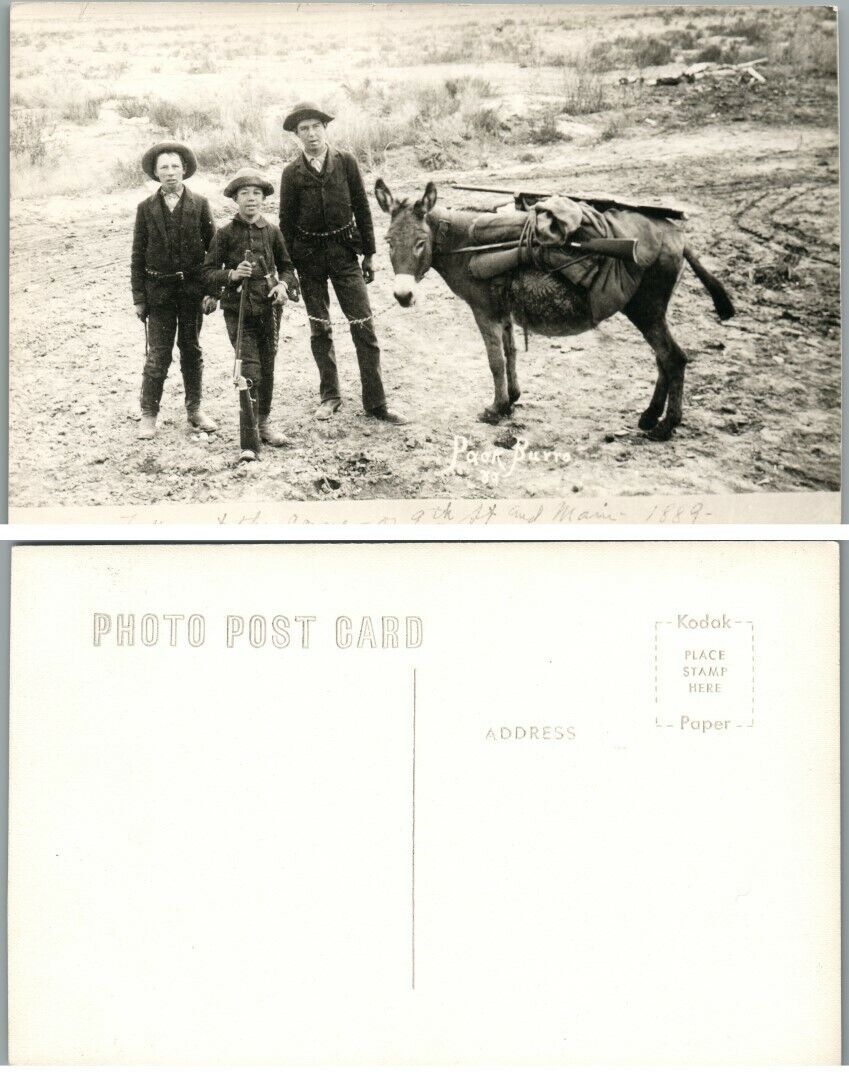 VINTAGE RPPC REAL PHOTO POSTCARD - BOYS w/ DONKEY
