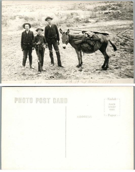 VINTAGE RPPC REAL PHOTO POSTCARD - BOYS w/ DONKEY