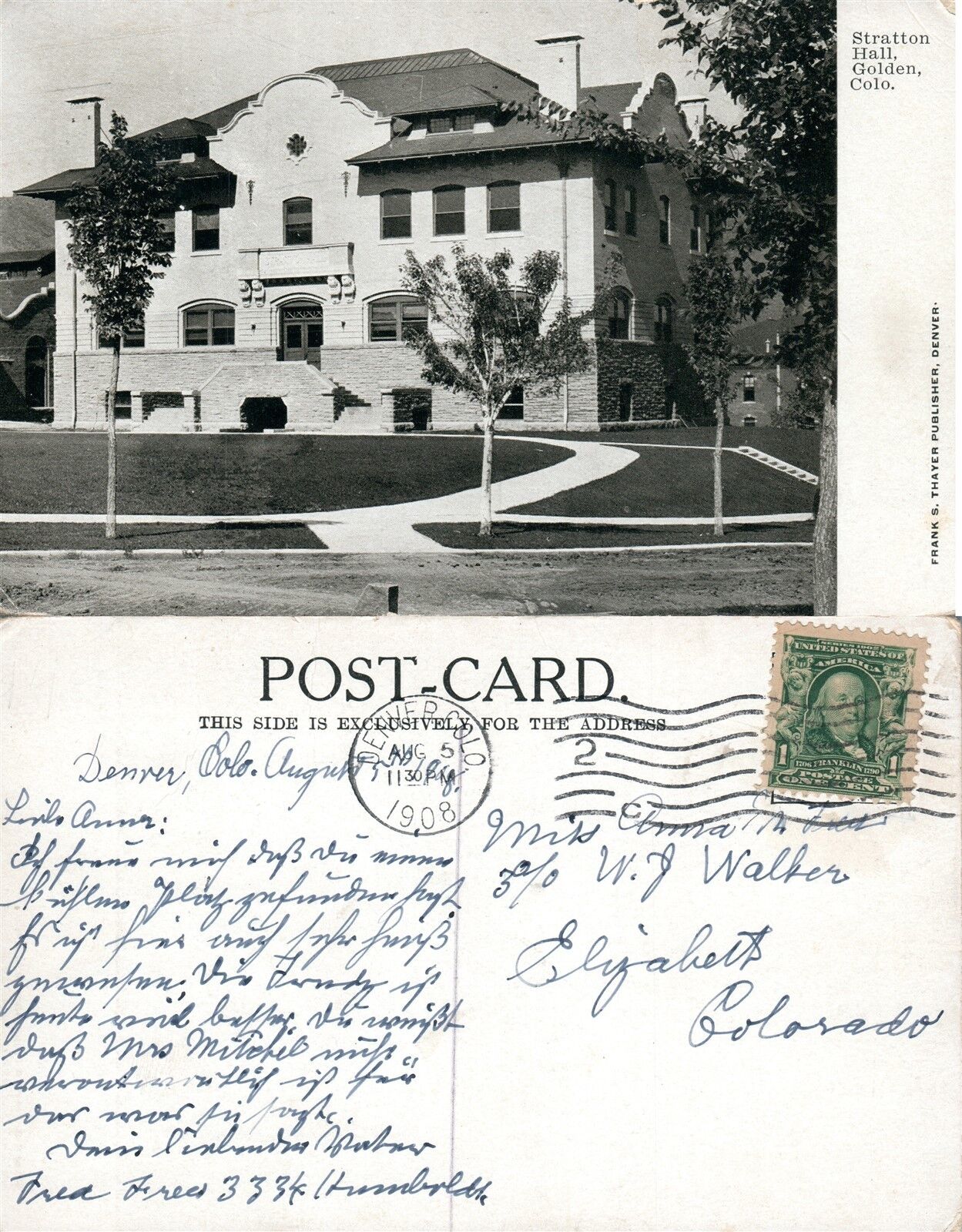 GOLDEN CO STRATTON HALL 1908 ANTIQUE POSTCARD