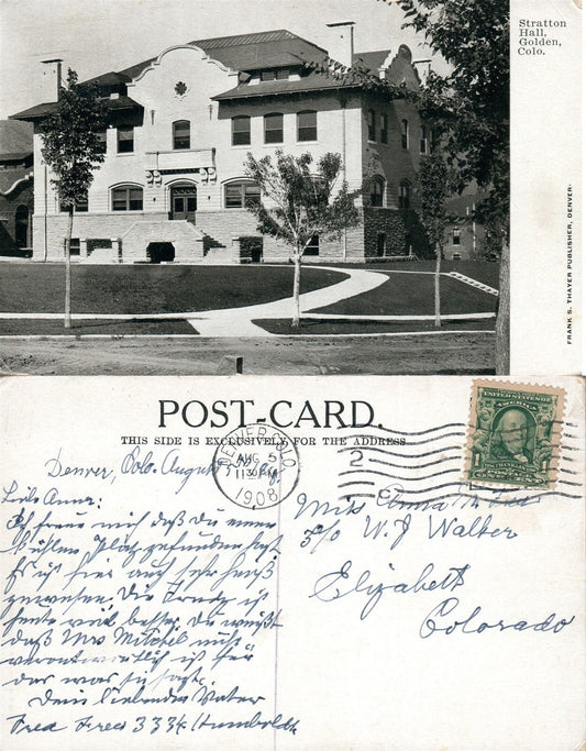 GOLDEN CO STRATTON HALL 1908 ANTIQUE POSTCARD