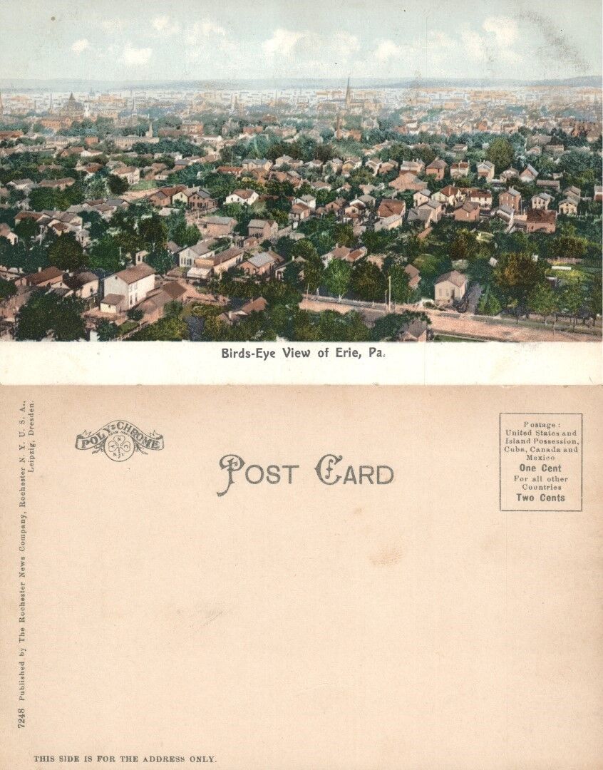 ERIE PA BIRD'S EYE VIEW UNDIVIDED ANTIQUE POSTCARD