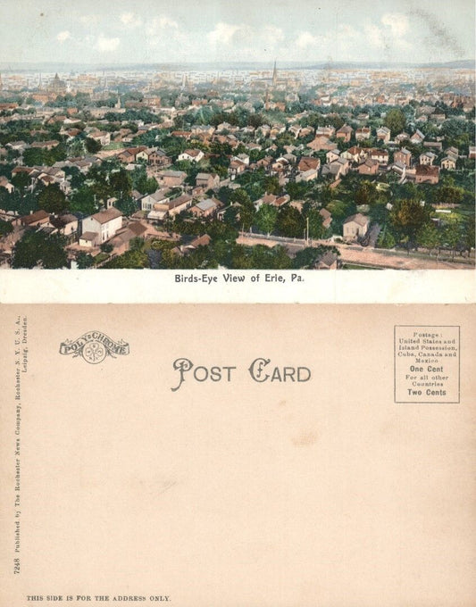 ERIE PA BIRD'S EYE VIEW UNDIVIDED ANTIQUE POSTCARD