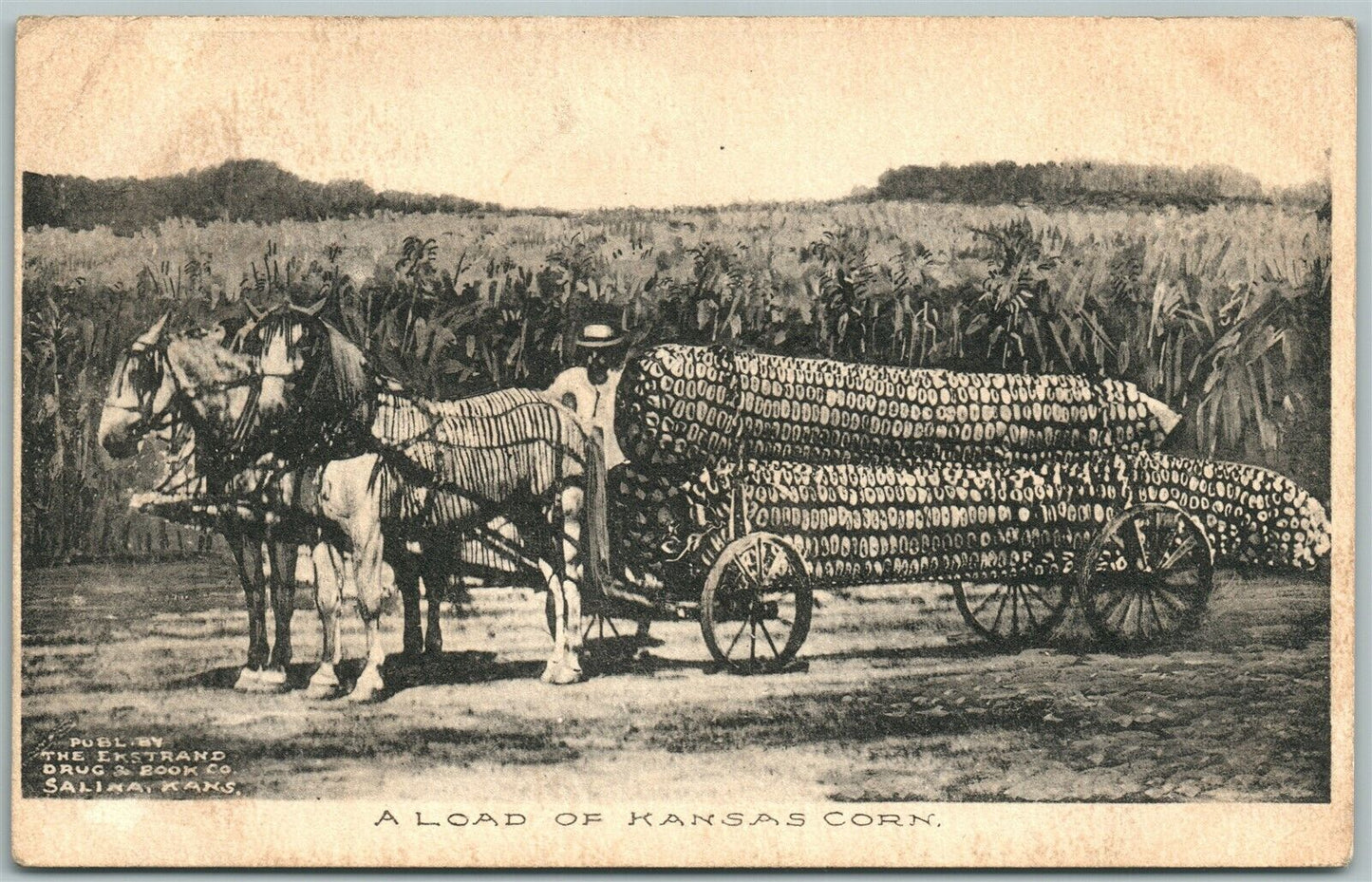 LOAD OF KANSAS CORN EXAGGERATED 1908 ANTIQUE POSTCARD w/ CORK CANCEL