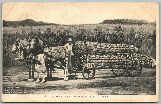 LOAD OF KANSAS CORN EXAGGERATED 1908 ANTIQUE POSTCARD w/ CORK CANCEL