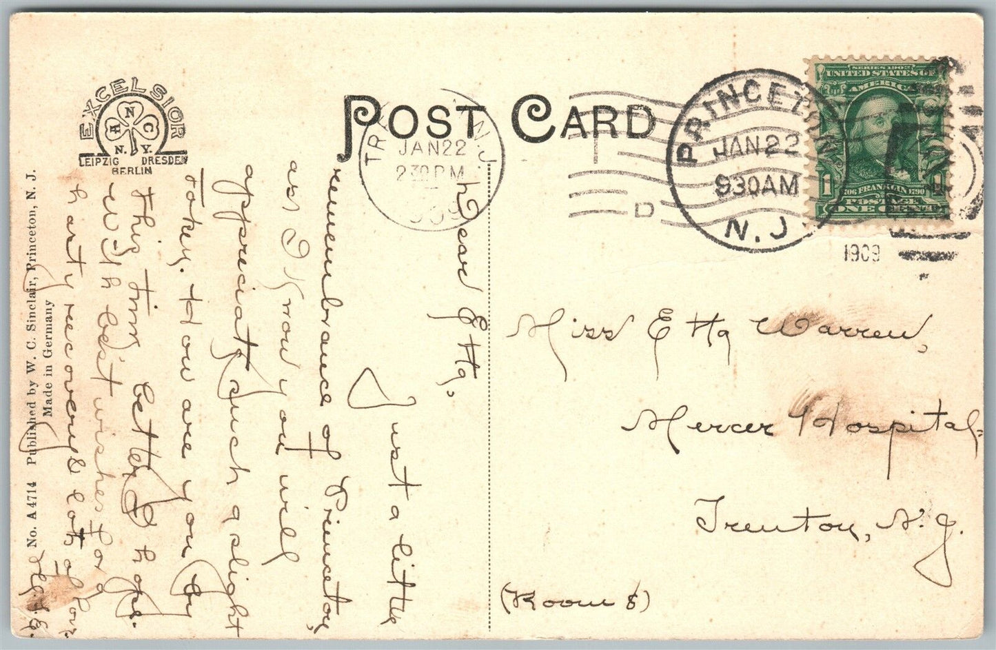 PRINCETON NJ M.T. PYNES GROUNDS 1909 ANTIQUE POSTCARD w/ CORK CANCEL