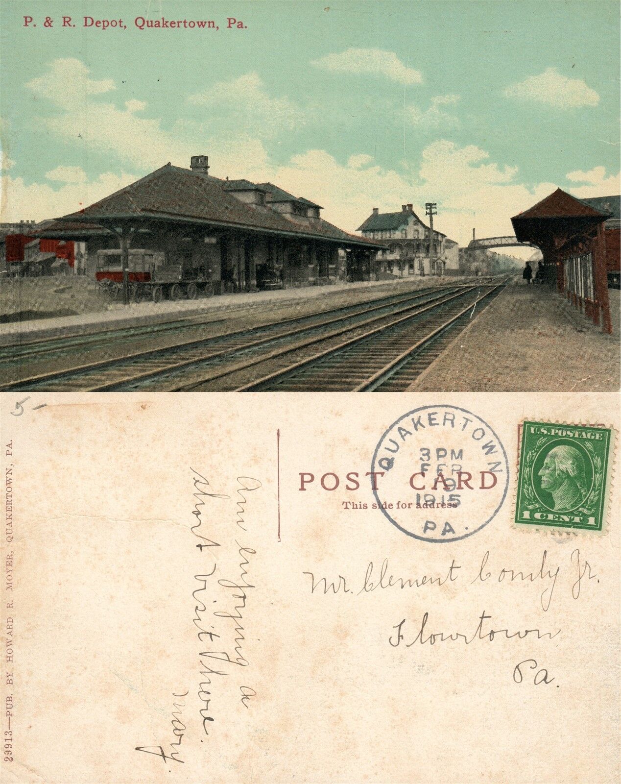 QUAKERTOWN PA P. & R. RAILROAD STATION ANTIQUE POSTCARD railway depot BUCKS CO,