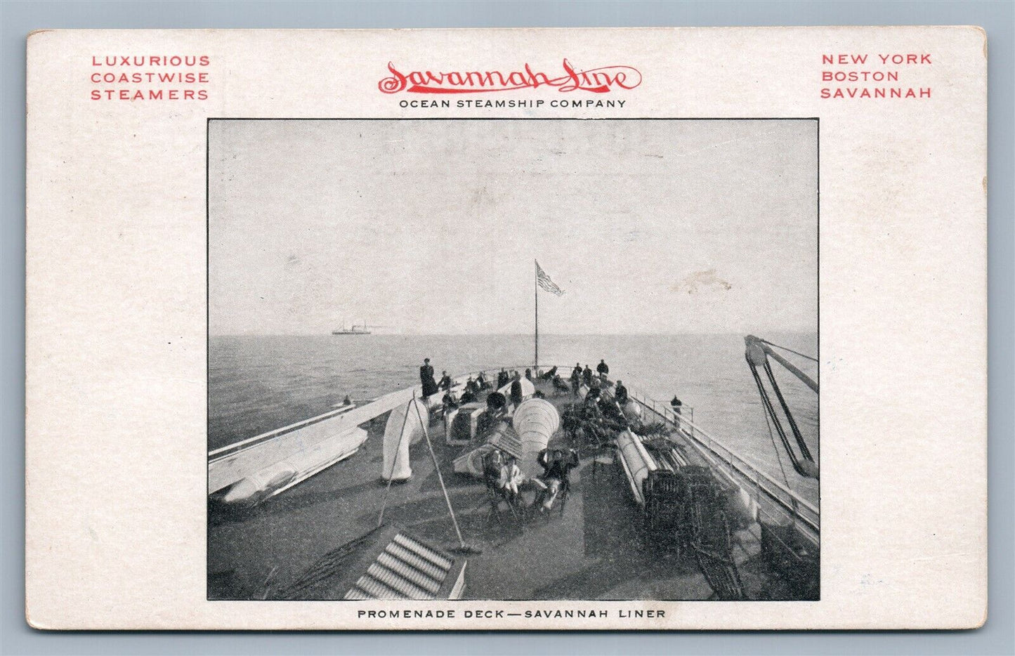 SAVANNAH LINER OCEAN STEAMSHIP CO. PROMENADE DECK ANTIQUE POSTCARD