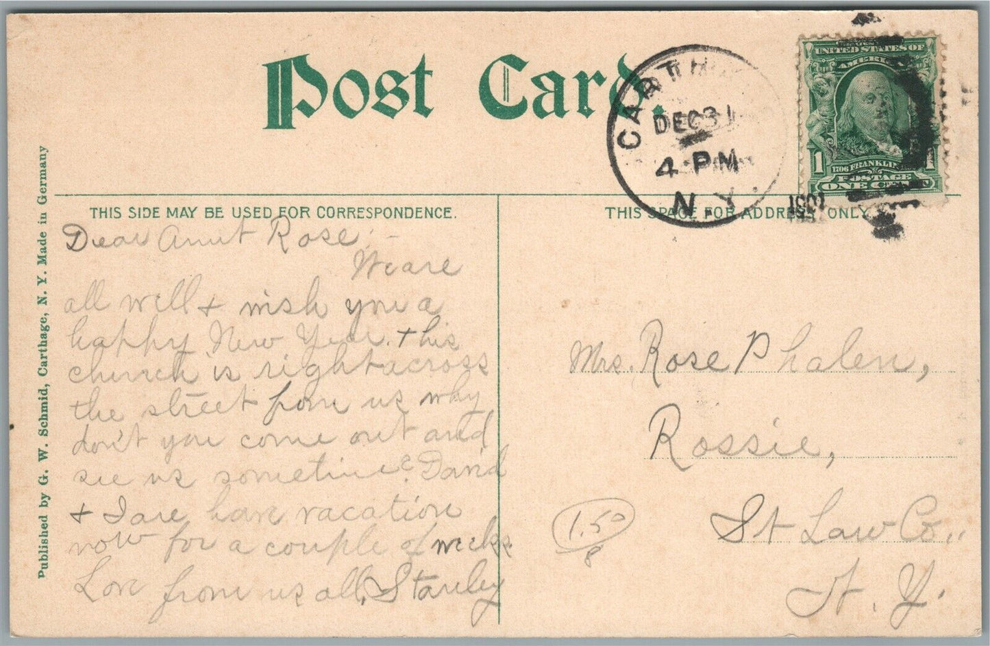 CATHAGE NY ST. JAMES CATHOLIC CHURCH ANTIQUE POSTCARD