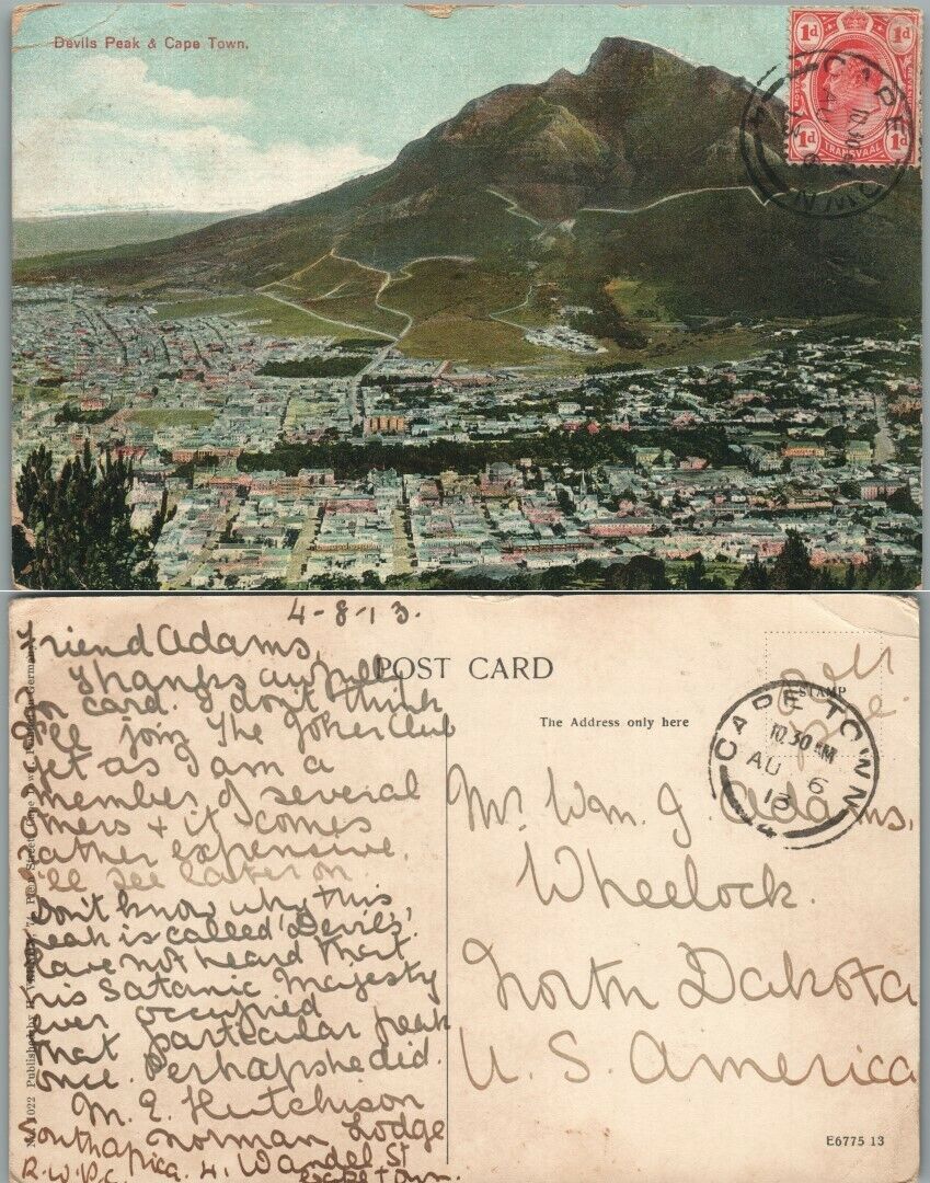 DEVILS  PEAK & CAPE TOWN SOUTH AFRICA ANTIQUE 1913 POSTCARD