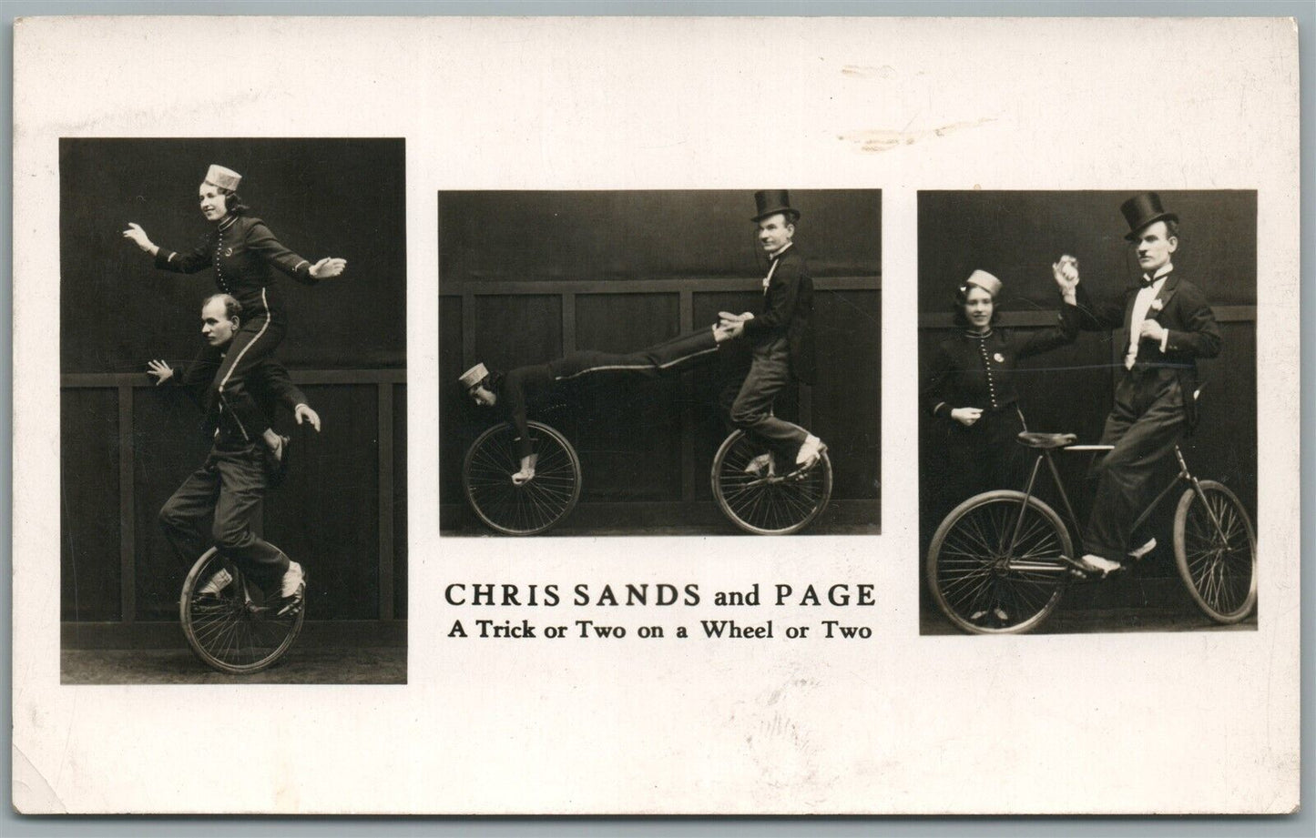 BICYCLE CIRCUS CHRIS SANDS & PAGE CYCLISTS ANTIQUE REAL PHOTO POSTCARD RPPC