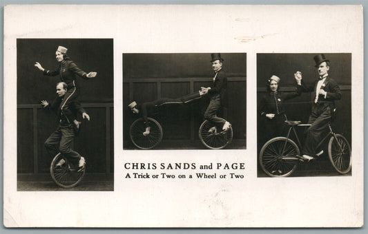BICYCLE CIRCUS CHRIS SANDS & PAGE CYCLISTS ANTIQUE REAL PHOTO POSTCARD RPPC