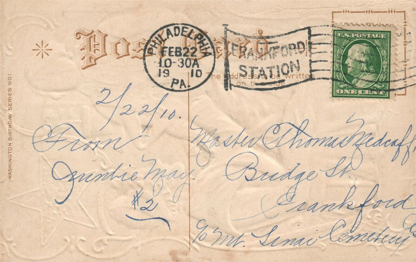 WASHINGTON ADOPTING FIVE POINTED STAR EMBOSSED 1910 ANTIQUE PATRIOTIC POSTCARD