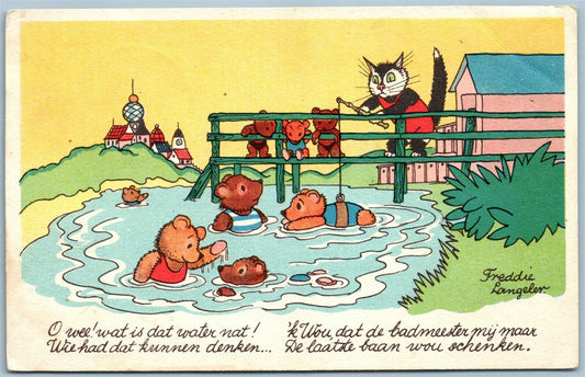 CAT FISHING BEARS VINTAGE POSTCARD