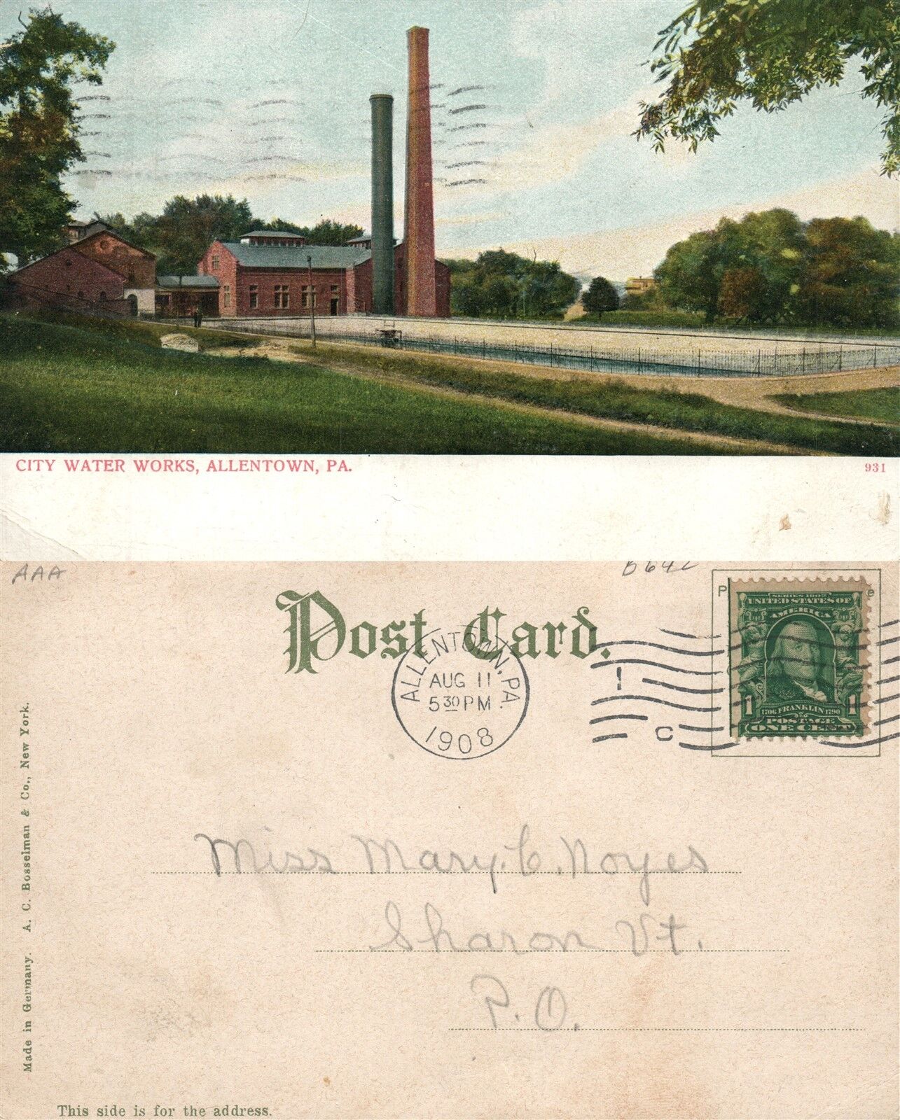 ALLENTOWN PA CITY WATER WORKS UNDIVIDED 1908 ANTIQUE POSTCARD